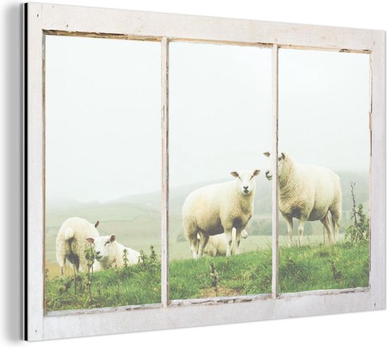 Wanddecoratie Metaal - Aluminium Schilderij Industrieel - Doorkijk - Schaap - Gras - 150x100 cm - Dibond - Foto op aluminium - Industriële muurdecoratie - Voor de woonkamer/slaapkamer