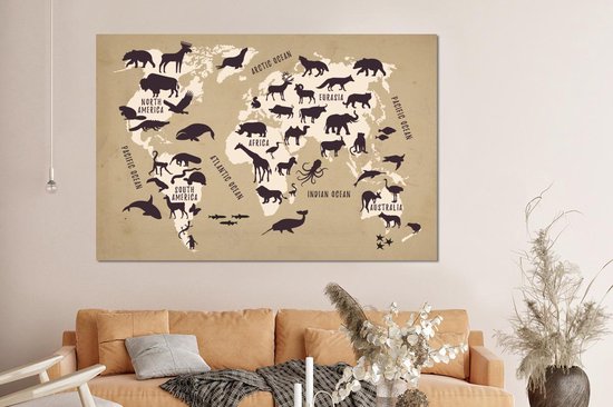 Décoration murale en métal - Peinture sur aluminium style industriel - Wereldkaart - Animaux - Monde - 150 x 100 cm - Dibond - Photo sur aluminium - Décoration murale industrielle - Pour le salon/la chambre