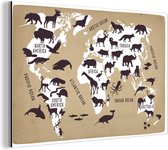 Décoration murale Métal - Peinture Aluminium - Wereldkaart - Sépia - Animaux - 150x100 cm