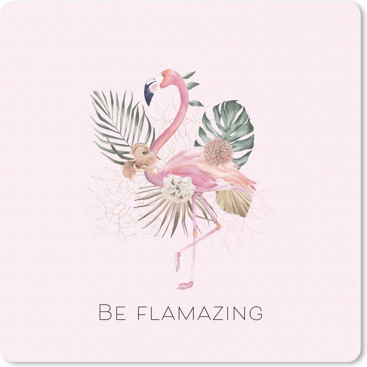 Muismat 20x20 cm - Mousepad Flamingo - Bloemen - Bladeren - Pastel - Muismatten