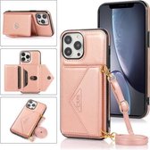 Multifunctionele cross-body kaarttas TPU + PU achterkant van de behuizing met houder en kaartsleuf en portemonnee voor iPhone 13 Pro (roségoud)