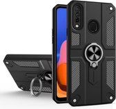 Voor Samsung Galaxy A20s koolstofvezelpatroon pc + TPU-beschermhoes met ringhouder (zwart)