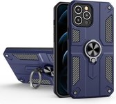 Koolstofvezelpatroon PC + TPU-beschermhoes met ringhouder voor iPhone 12 Pro Max (saffierblauw)