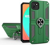 Koolstofvezelpatroon PC + TPU-beschermhoes met ringhouder voor OPPO Realme C11 (donkergroen)