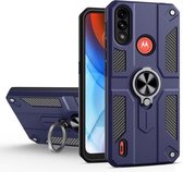 Voor Motorola Moto E7 Power Koolstofvezelpatroon PC + TPU-beschermhoes met ringhouder (saffierblauw)