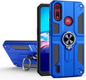 Voor Motorola Moto E6s (2020) koolstofvezelpatroon pc + TPU-beschermhoes met ringhouder (donkerblauw)
