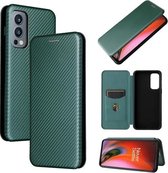 Voor OnePlus Nord 2 5G Koolstofvezeltextuur Magnetische Horizontale Flip TPU + PC + PU Lederen Case met Kaartsleuf (Groen)