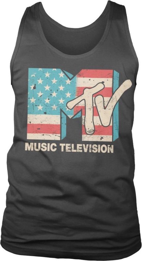 MTV Officially Licensed Distressed USA Flag Men's T-Shirt - Black, Large Size