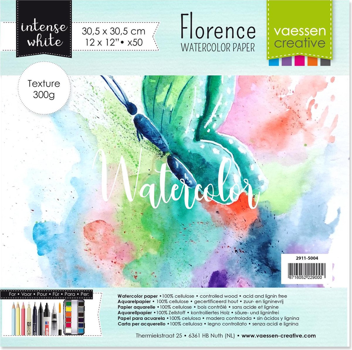 Aquarelpapier - Intens White - 30,5x30,5cm - 300 grams - Lichte Structuur - Texture - Florence - 50 vellen