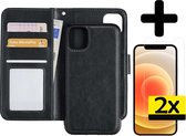 Hoesje Geschikt voor iPhone 12 Hoesje Case Uitneembare Bookcase 2-in-1 Hoes Met 2x Screenprotector - Hoes Geschikt voor iPhone 12 Hoes Wallet Case Met Pasjeshouder Hoesje - Zwart