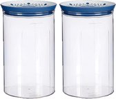 2x pots de conservation/pot de conservation transparent/bleu avec couvercle L12xP12xH18 cm - 1200 ml - Pots de conservation en plastique