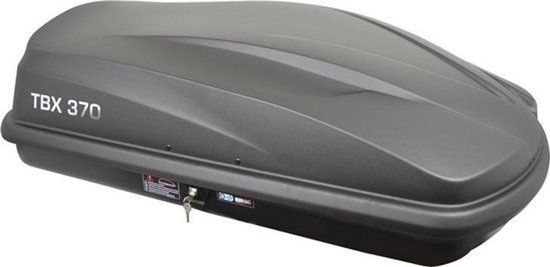 Donkergrijze dakkoffer TBX 370 met gestroomlijnd design en centrale vergrendeling.