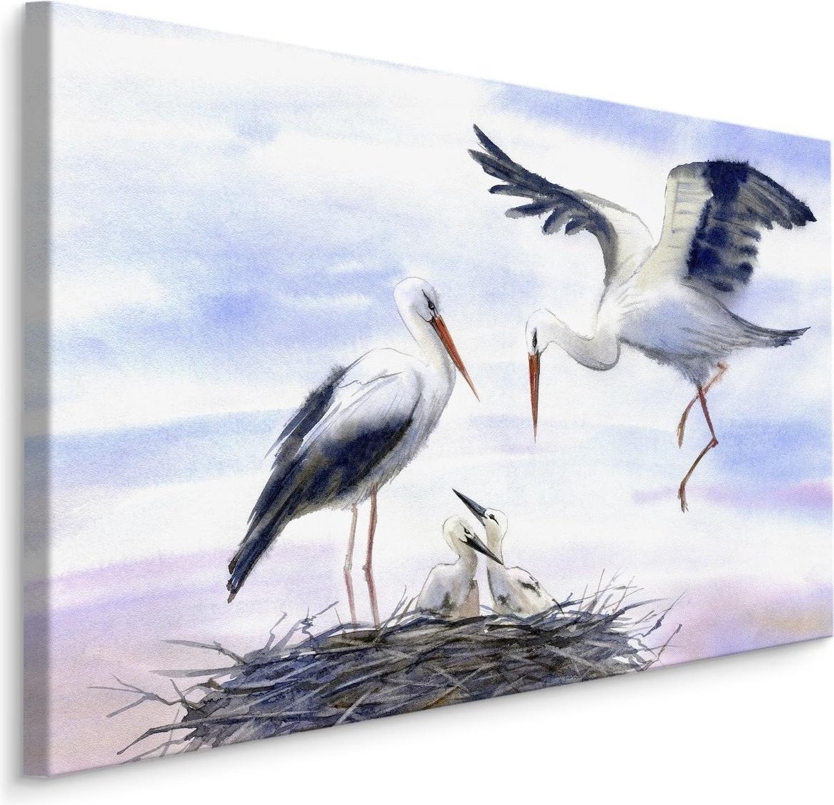 karo-art Schilderij - Ooievaar met nest, Aquarel kleuren, 4 maten, scherp geprijsd Multikleur