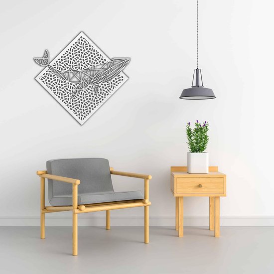 Line Art - Baleine avec fond - M - 60x62cm - AshwoodWhite - décoration murale géométrique