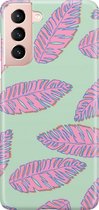 Samsung Galaxy S21 Telefoonhoesje - Premium Hardcase Hoesje - Dun en stevig plastic - Met Plantenprint - Tropische Blaadjes - Lichtgroen