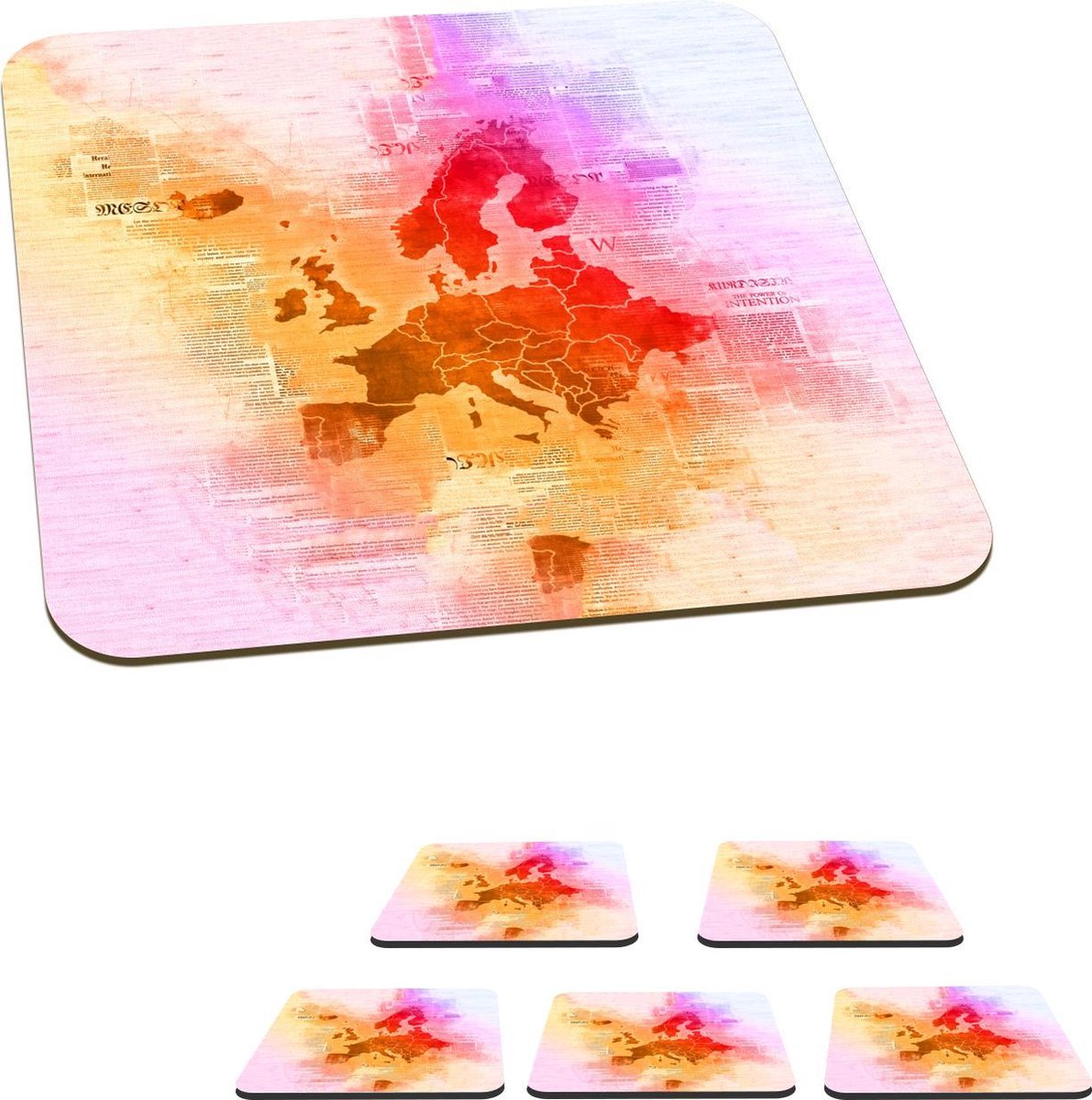 Onderzetters voor glazen - Kaart - Europa - Verf - Kleuren - 10x10 cm - Glasonderzetters - 6 stuks