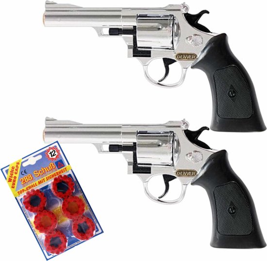 Foto: 2x stuks plaffertjes speelgoed pistolen revolvers met 12 schoten magazijn cowboy verkleed wapens pistolen met 288 shots