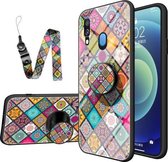 Voor Samsung Galaxy A40 Geschilderd Etnisch Patroon Gehard Glas TPU Schokbestendig Hoesje met Opvouwbare Magnetische Houder & Nekband (Geruit)