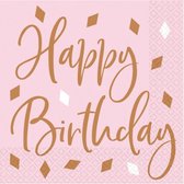 servetten Happy Birthday 33 x 33 cm roze/goud 16 stuks