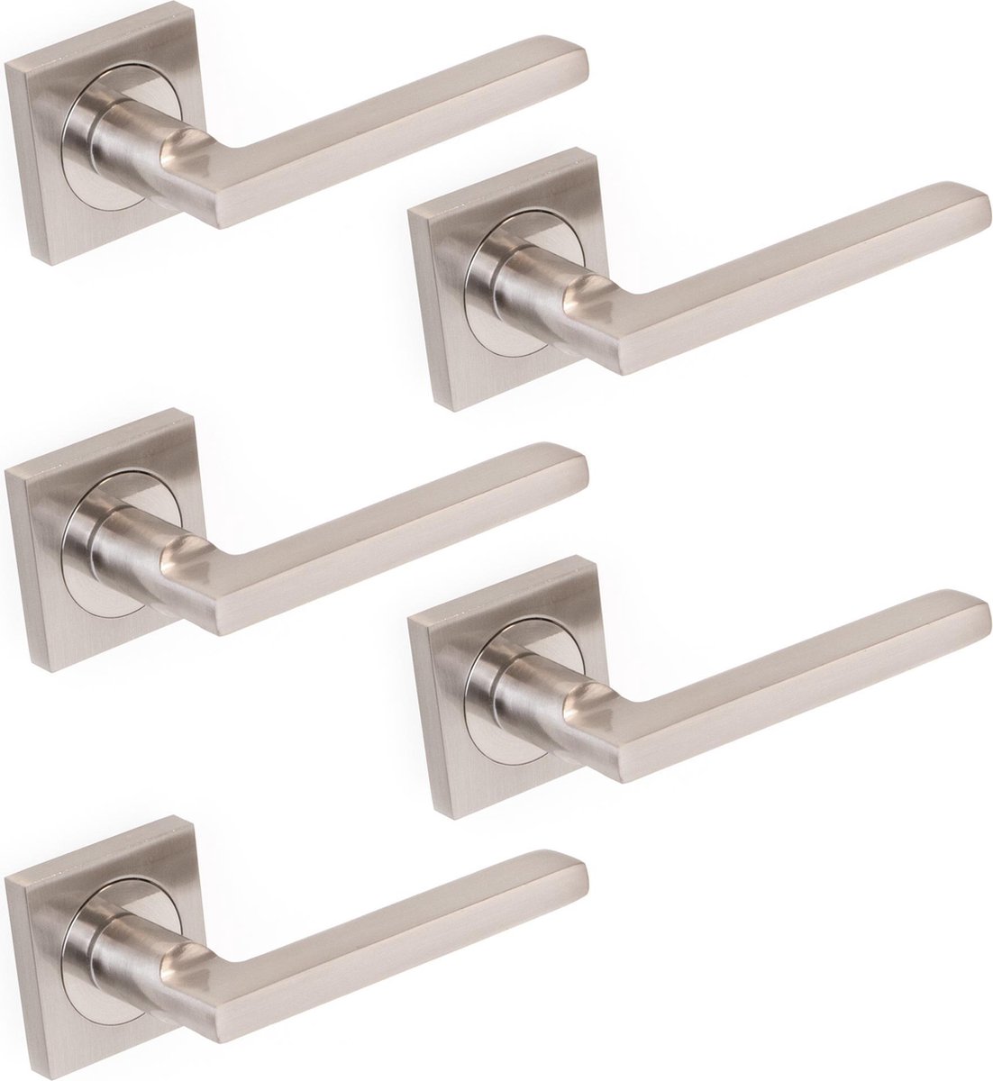 Emuca Klinken Perth voor binnendeuren, met rozet 50x50 mm, Aluminium en zamak, satijnnikkel, 5 sets.