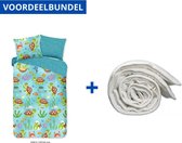 Dekbedovertrek voor Kinderen - Eenpersoons - 140x200/220cm - Inclusief 1 Kussensloop - 100% Versterkt Katoen - Schildpad Blauw + Wasbaar Microfiber Dekbed - 140x200cm - Wit