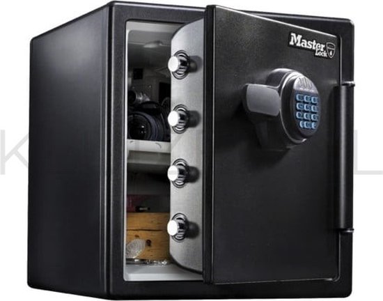 Zwarte Master Lock kluis met digitaal cijferslot, open met spullen erin en 'KILNL' watermerk.