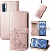 Voor OPPO Realme V15 5G Vierbladige sluiting Reliëfgesp Mobiele telefoonbescherming Lederen tas met lanyard & kaartsleuf & portemonnee & beugelfunctie (roségoud)