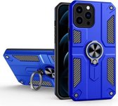 Koolstofvezelpatroon PC + TPU-beschermhoes met ringhouder voor iPhone 13 Pro Max (donkerblauw)