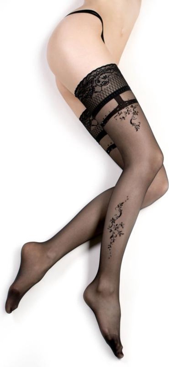 Goedkoopste Studio Collants elegante hold-up kousen met bloemmotif zwart S/M