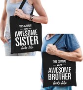 Awesome Brother en Sister tasje zwart - Cadeau boodschappentasjes set voor Broer en Zus - Cadeau Broer en Zus