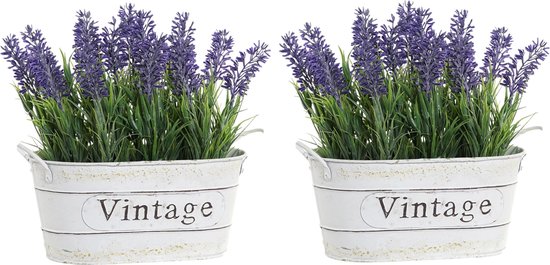 2x stuks lavendel kunstplanten/kamerplanten in metalen emmer wit H20 cm x D18 cm – Kunstplanten/nepplanten