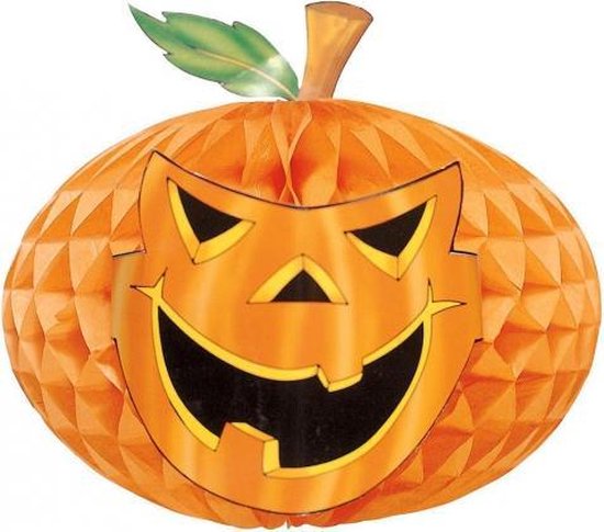 Set van 2x stuks horror decoratie honeycomb pompoen met gezicht 30 cm - Halloween lampion — afbeelding 2