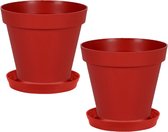 Set van 2x stuks bloempotten Toscane kunststof rood D20 x H17 cm inclusief onderschalen D15 cm - Plantenpotten set