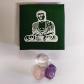 Gouden Driehoek set in Boeddha box - Amethist, Bergkristal en Rozekwarts