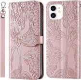 Life of Tree Embossing-patroon Horizontale flip-lederen hoes met houder & kaartsleuf & portemonnee & fotolijst & lanyard voor iPhone 13 mini (roségoud)