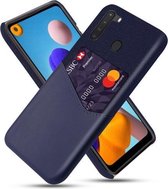Voor Samsung Galaxy A21 Doek Textuur PC + PU Lederen Achterkant Schokbestendig Hoesje met Kaartsleuf (Blauw)