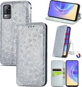 Voor vivo V21e 4G Bloeiende Mandala Reliëfpatroon Magnetische Horizontale Flip Lederen Case met Houder & Kaartsleuven & Portemonnee (Grijs)