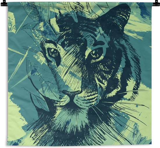 Wandkleed - Wanddoek - Tijger - Groen - Abstract - 90x90 cm - Wandtapijt