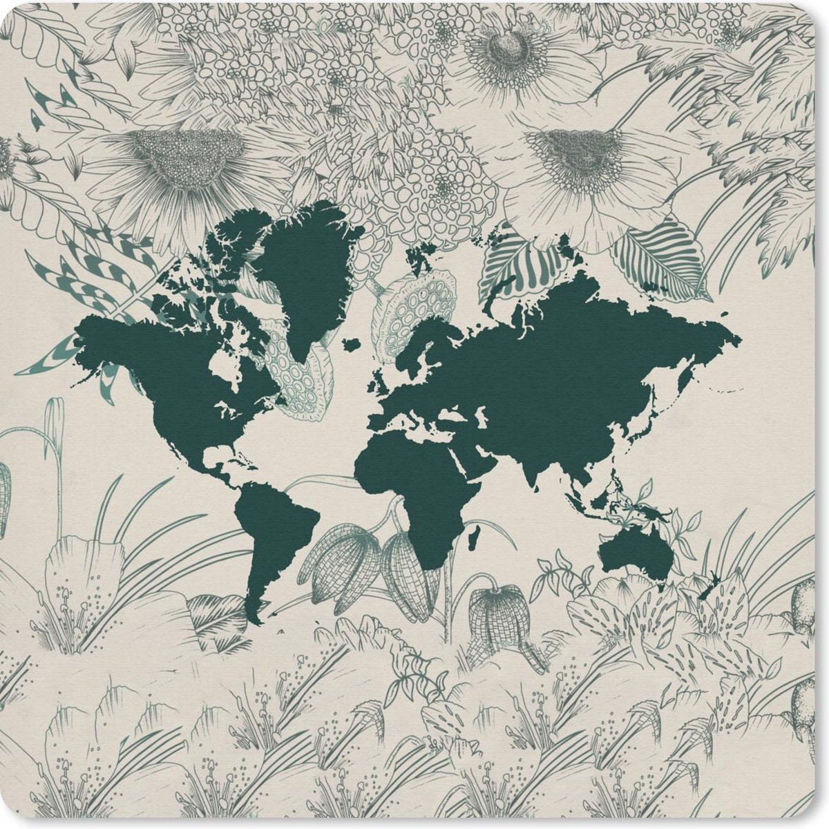 Muismat 30x30 cm - Mousepad Wereldkaart - Bloemen - Planten - Muismatten