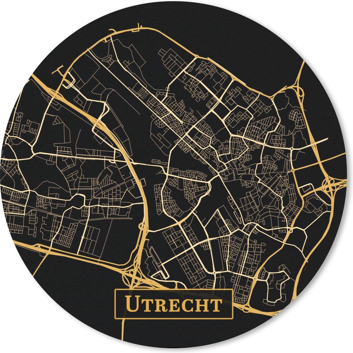 Muismat rond 20x20 cm - Mousepad Kaart - Utrecht - Goud - Zwart - Ronde muismatten
