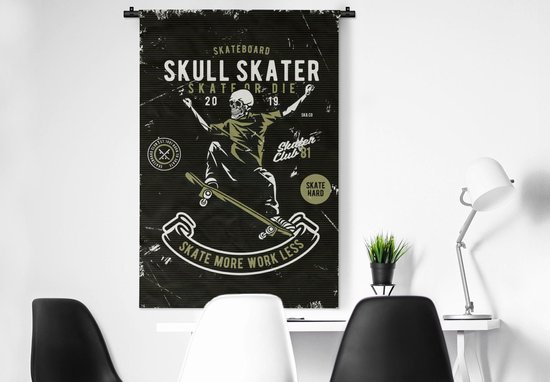 Wandkleed - Wanddoek - Skelet - Skateboard - Vintage - Quote - 90x135 cm - Wandtapijt