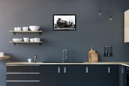 Cadre photo avec affiche - Photo Zwart et blanc d'un train à vapeur antique - 30x20 cm - Cadre pour affiche