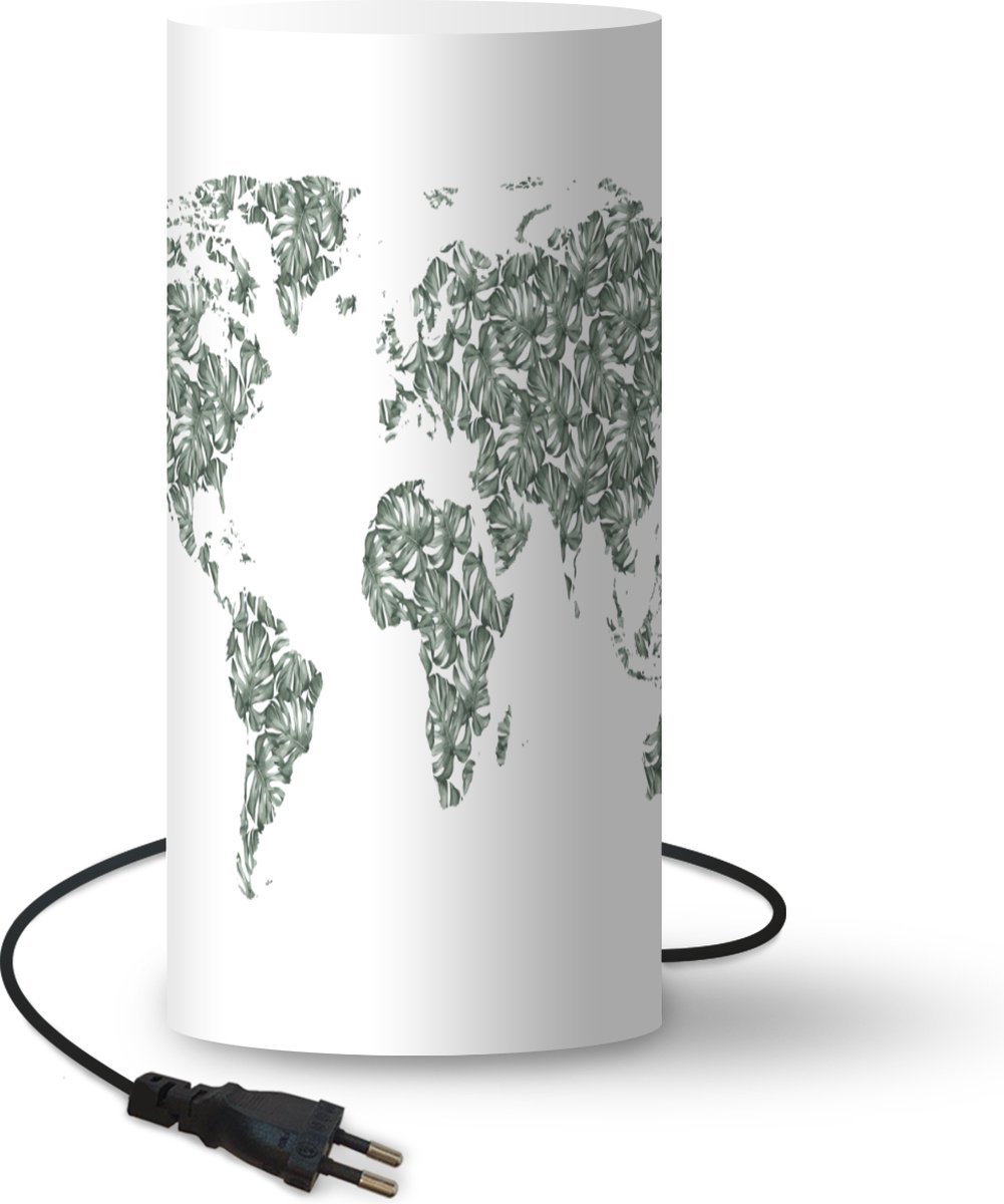 Lamp - Nachtlampje - Tafellamp slaapkamer - Wereldkaart - Tropische Planten - Wit - 33 cm hoog - Ø15.9 cm - Inclusief LED lamp