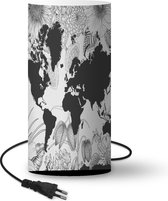 Lamp Donkerblauwe wereldkaart versierd met illustraties van bloemen - zwart wit - 33 cm hoog - Ø16 cm - Inclusief LED lamp