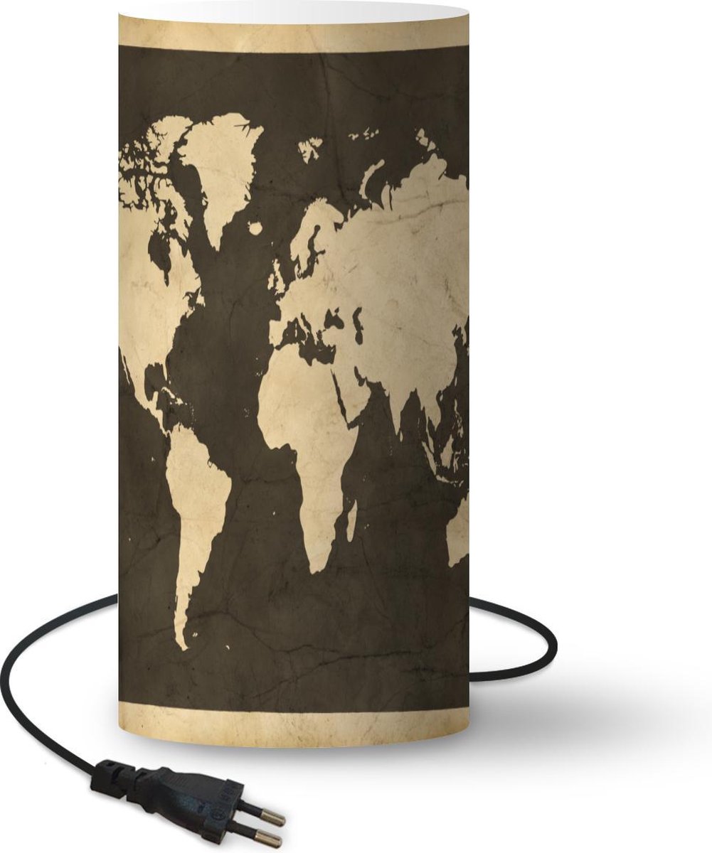 Lamp - Nachtlampje - Tafellamp slaapkamer - Wereldkaart - Vintage - Hout - 54 cm hoog - Ø24.8 cm - Inclusief LED lamp