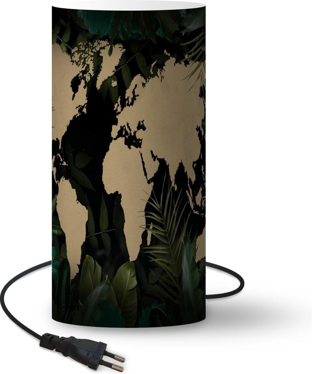 Lamp - Nachtlampje - Tafellamp slaapkamer - Wereldkaart - Zwart - Planten - 54 cm hoog - Ø24.8 cm - Inclusief LED lamp