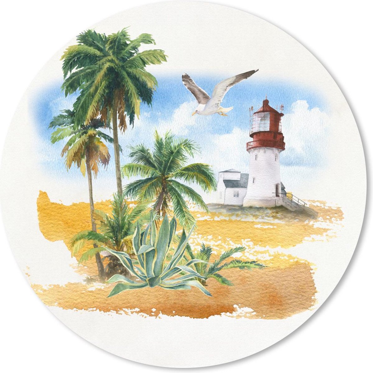 Muismat rond 40x40 cm - Mousepad Vuurtoren - Palmboom - Vogel - Strand - Ronde muismatten