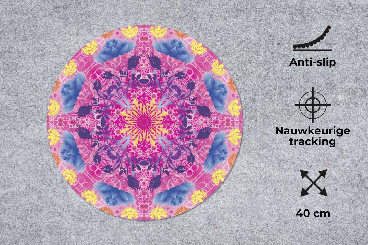 Muismat rond 40x40 cm - Mousepad Mandala kleurrijk - Ronde muismatten