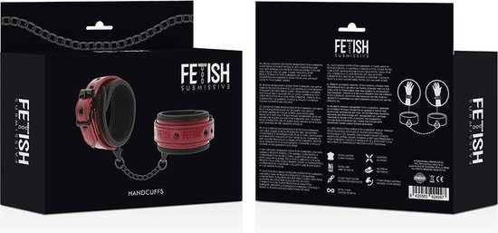 Zwarte doos met opdruk 'FETISH SUBMISSIVE HANDCUFFS' en afbeelding van rode handboeien.