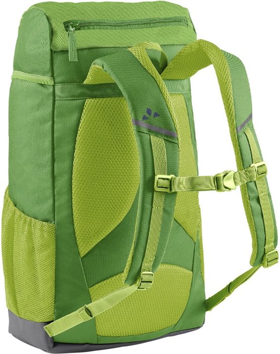 Achterkant van een groene Vaude kinderrugzak met gewatteerde schouderbanden en mesh rugpaneel.